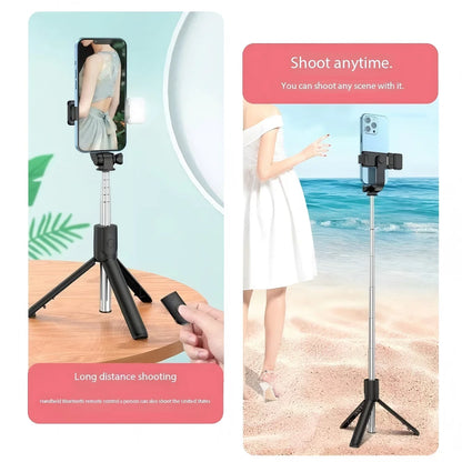 Phone holder with tripod on a table and beach background, with text 'Shoot anytime' and 'Long distance shooting'.