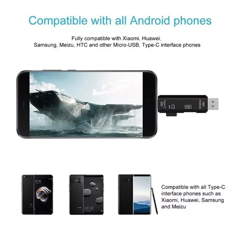 Phone with USB device and compatibility text for various Android brands on a white background
