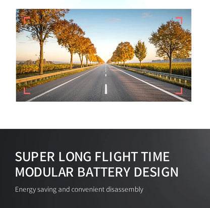 Road with trees on both sides and text about battery design