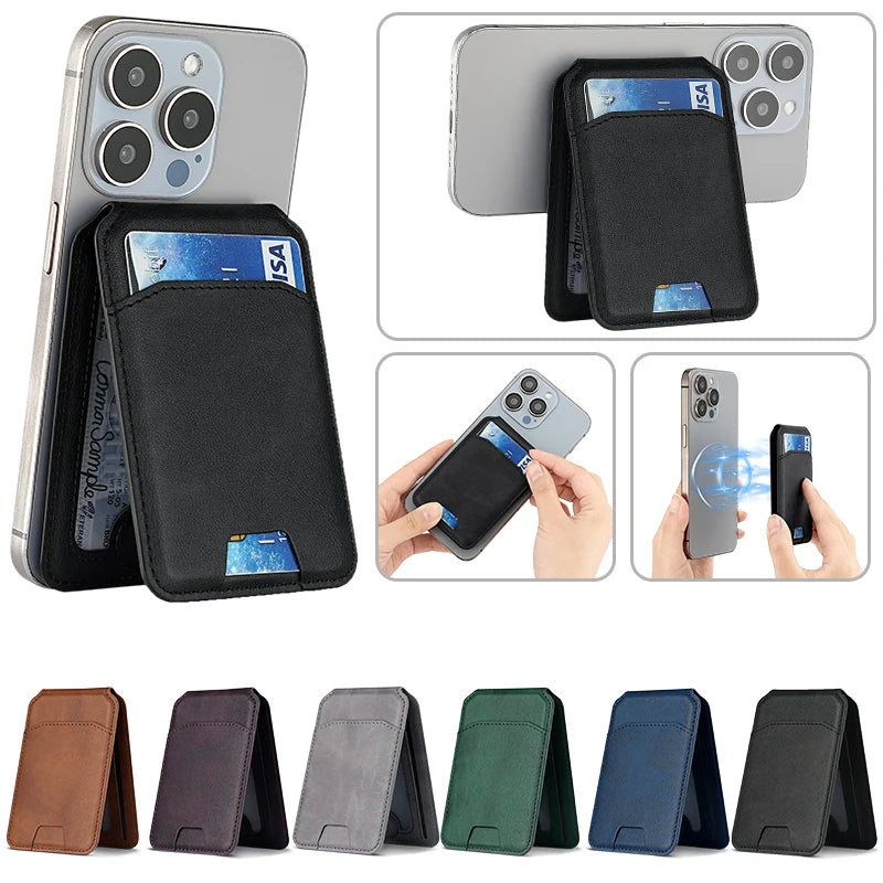 Phone case with card holder and multiple color options displayed.