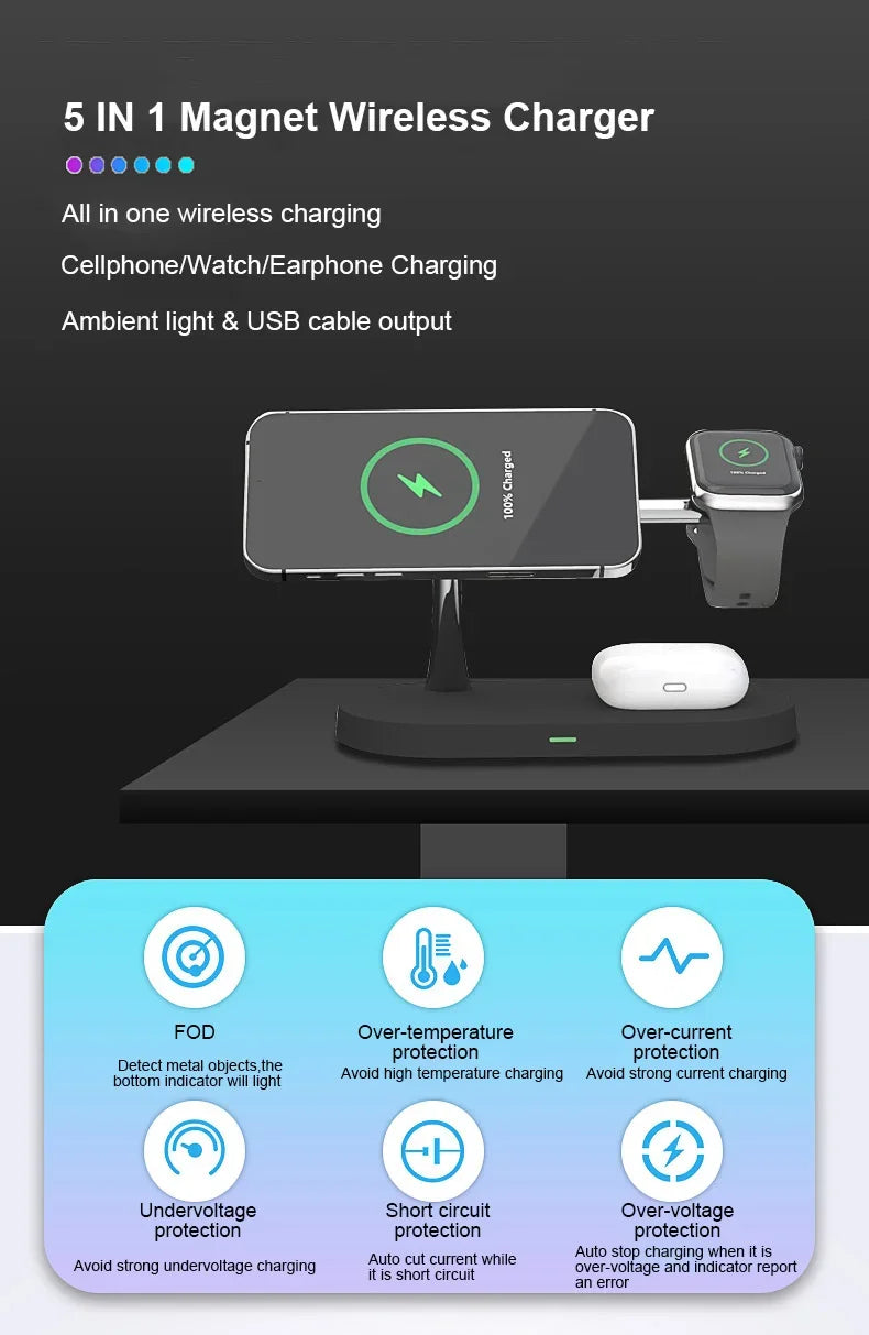5-in-1 magnet wireless charger with smartphone, watch, and mouse on a black background