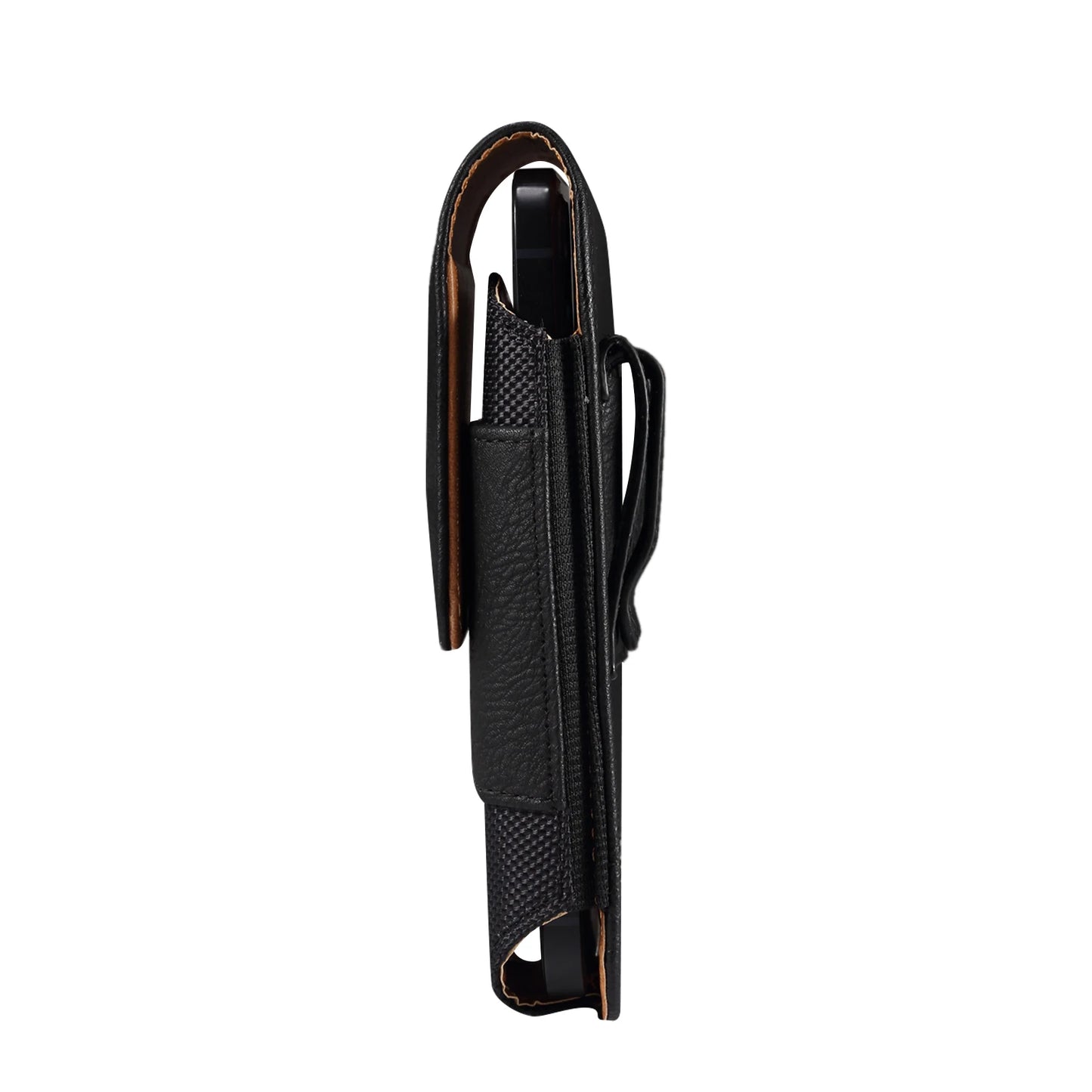Black leather belt with a clip on a white background