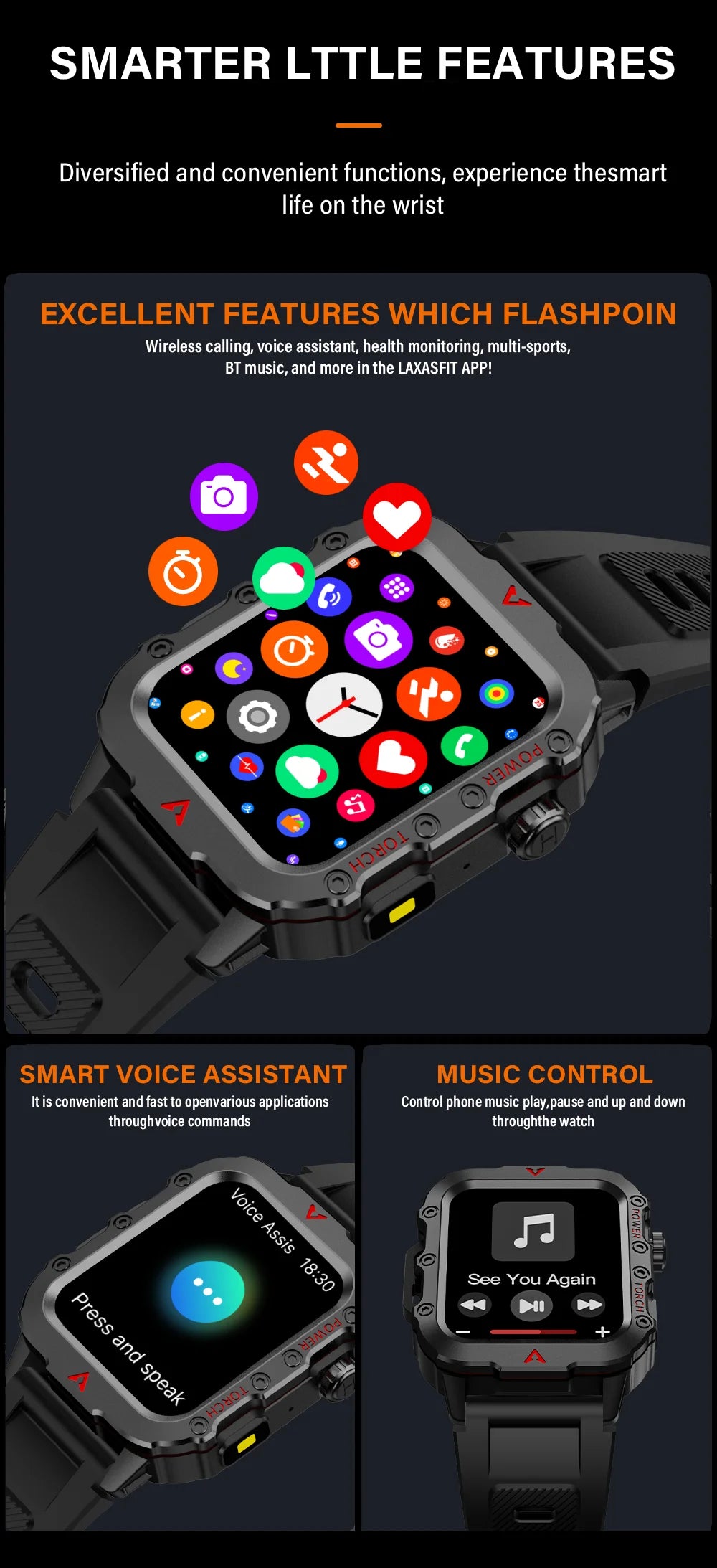 Smartwatch with various app icons on the screen, featuring smart voice assistant and music control functions.