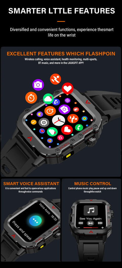 Smartwatch with various app icons on the screen, featuring smart voice assistant and music control functions.