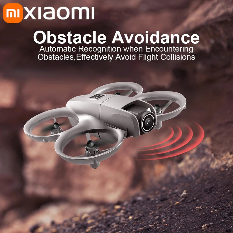 Xiaomi drone with obstacle avoidance feature on a rocky terrain background