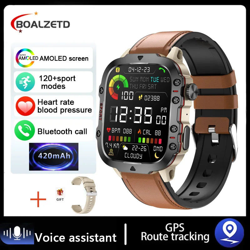 Smartwatch with brown strap and features listed on a white background