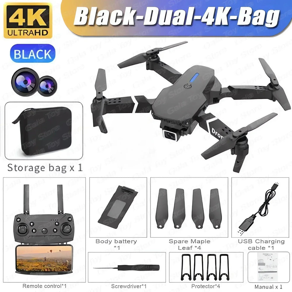 Black dual 4K drone with accessories on a white background