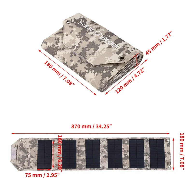 Camouflage solar panel with dimensions labeled on a white background