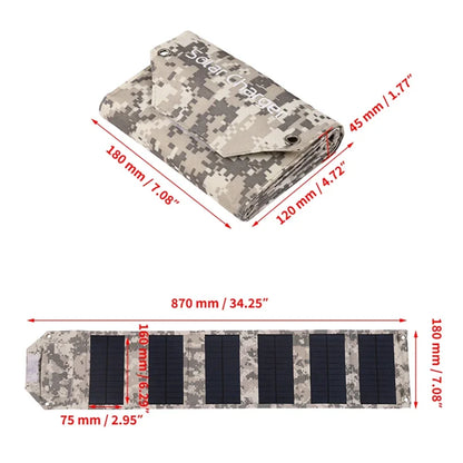 Camouflage solar panel with dimensions labeled on a white background