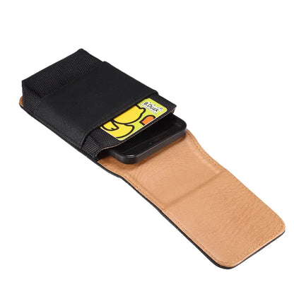 Black and tan leather wallet with built-in card holder on a white background
