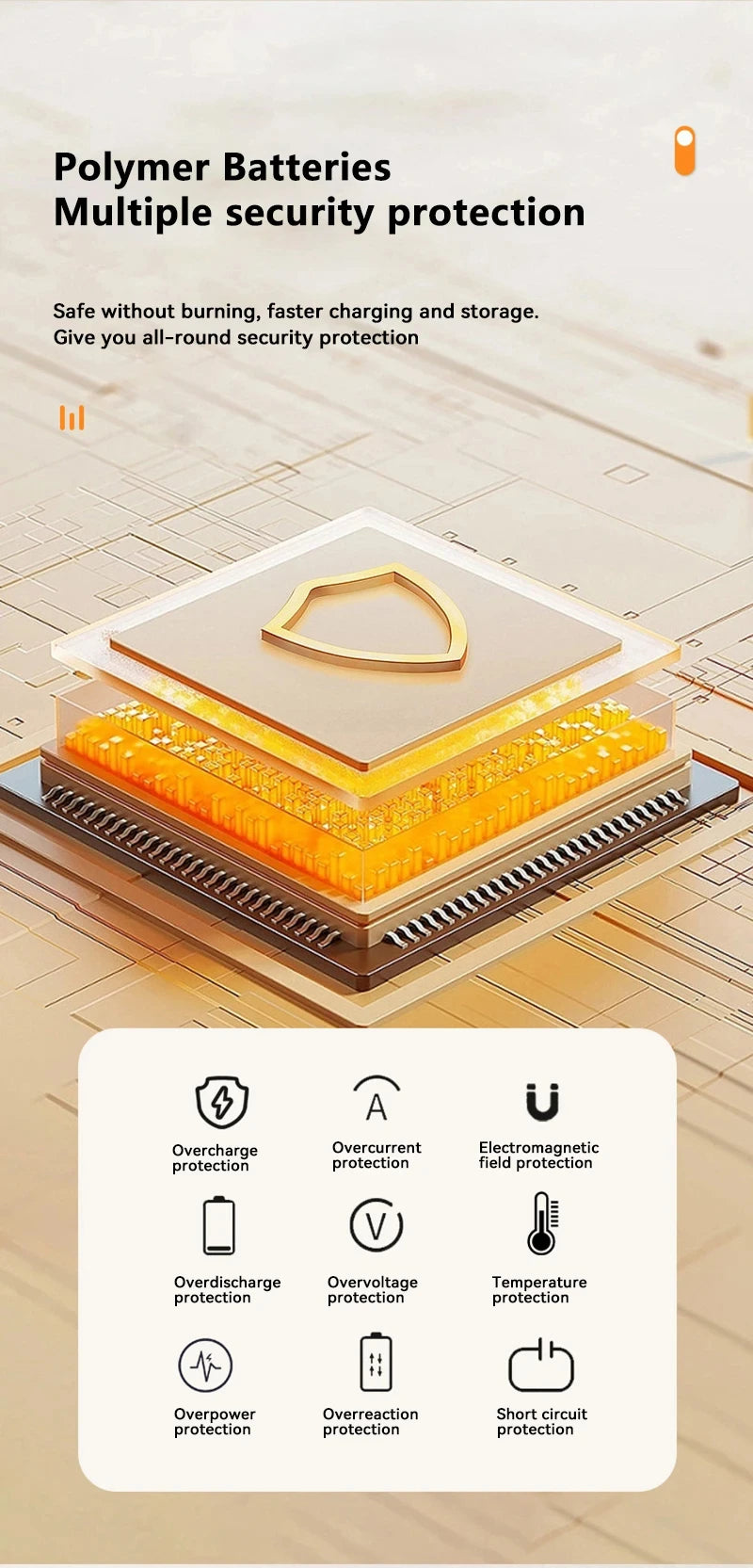 Polymer battery with security protection features on a wooden surface