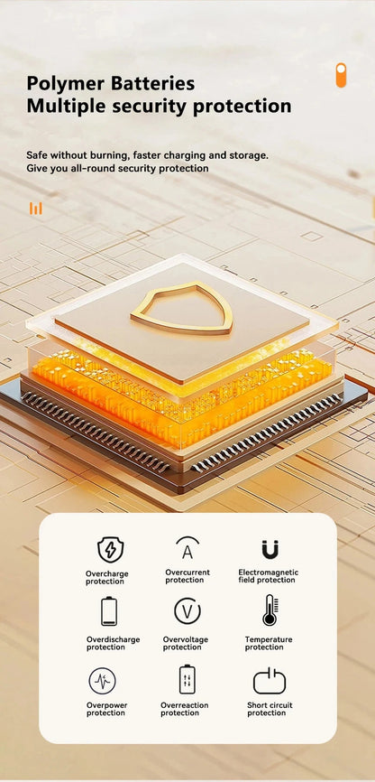 Polymer battery with security protection features on a wooden surface