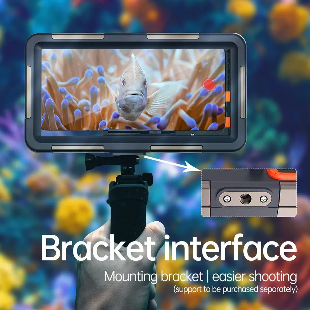Camera screen displaying a fish and coral with a bracket interface on a blurred underwater background