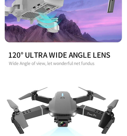Drone with 120-degree ultra wide angle lens feature on a white background