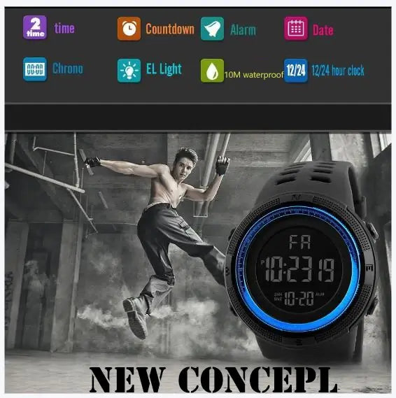 UTAI C26 men's digital sport watch with blue screen and black casing on a background of a person exercising
