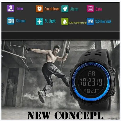 UTAI C26 men's digital sport watch with blue screen and black casing on a background of a person exercising
