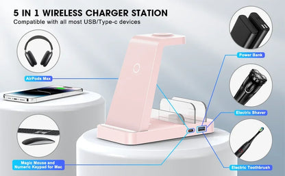 5-in-1 wireless charger station with compatibility icons on a light gray background