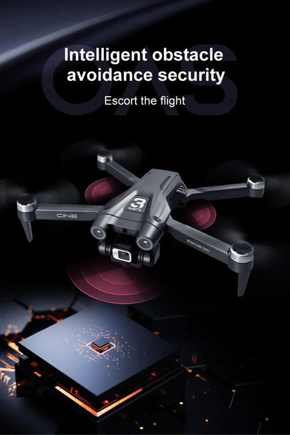 Drone with 'Intelligent obstacle avoidance security' text on a dark background