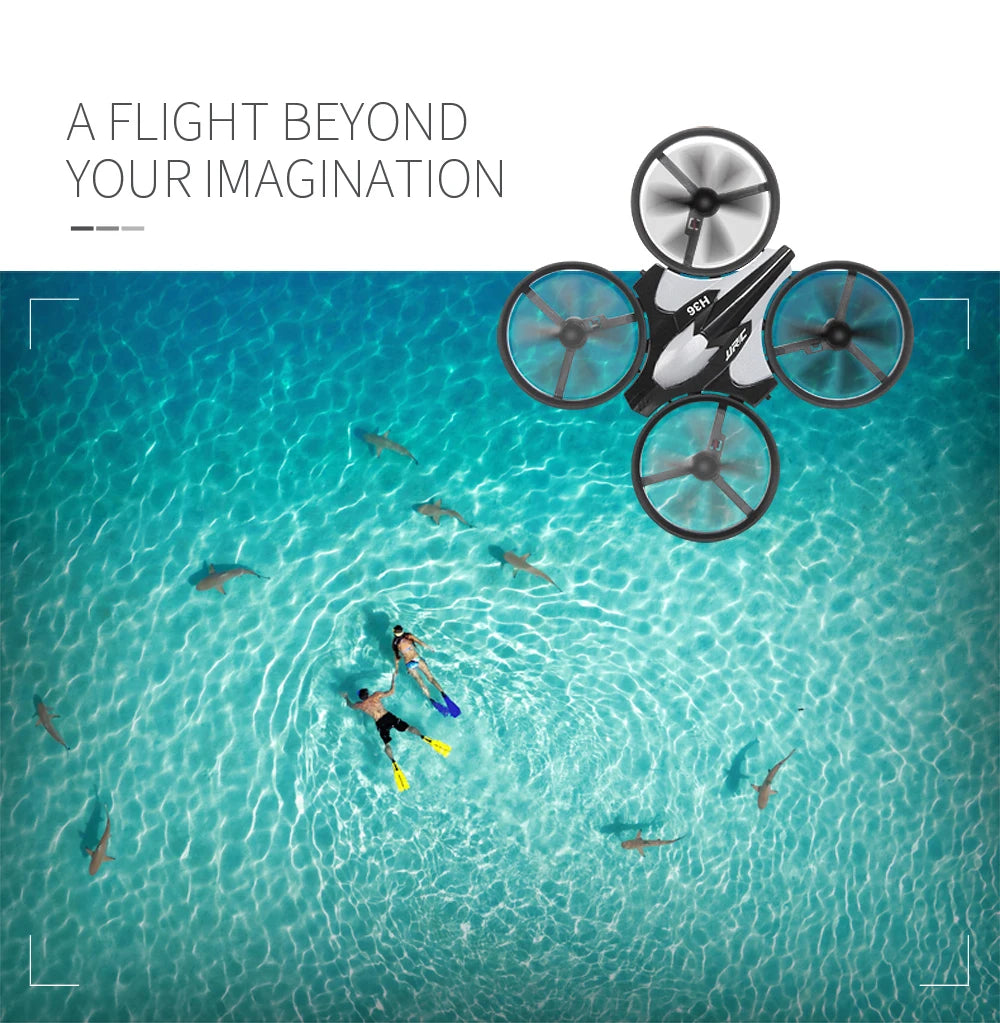 Drone hovering over a pool with swimmers and sharks, text 'A Flight Beyond Your Imagination'.