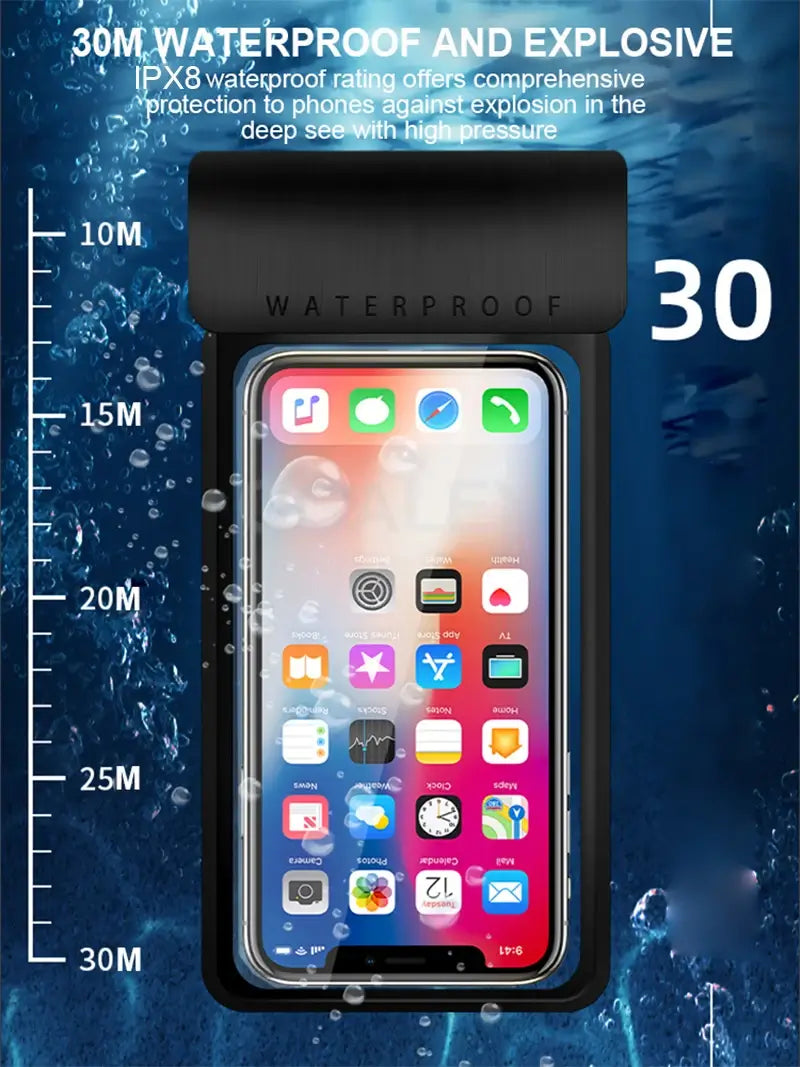 Phone with waterproof case on a blue underwater background with water droplets
