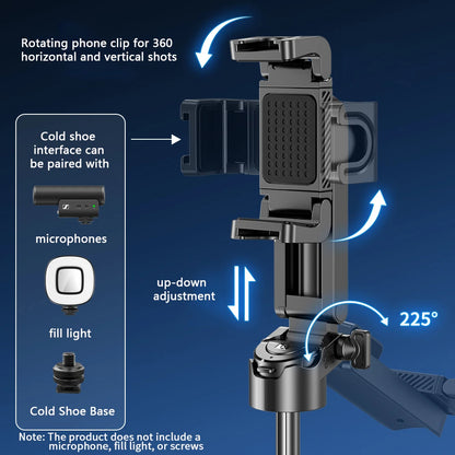 Phone clip with cold shoe interface on a blue background