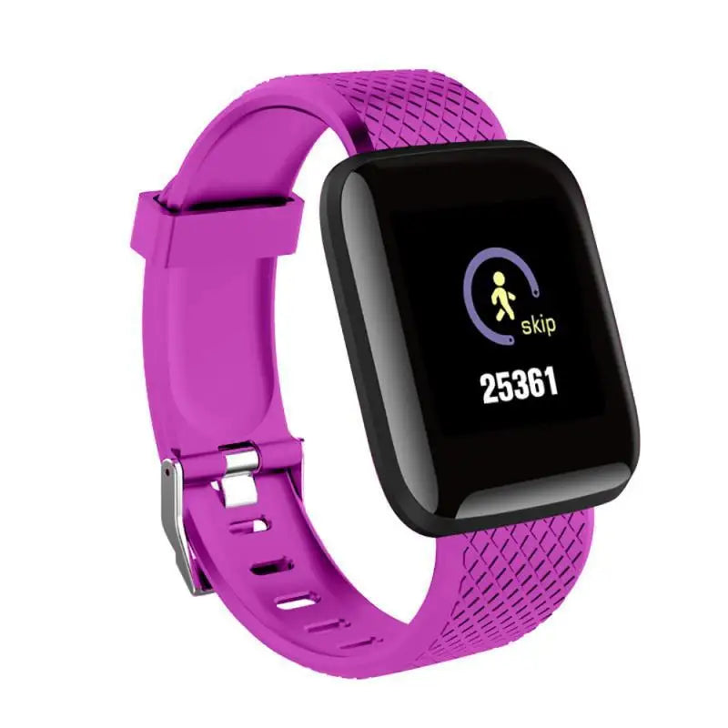 Purple smartwatch with a fitness app on the screen on a white background
