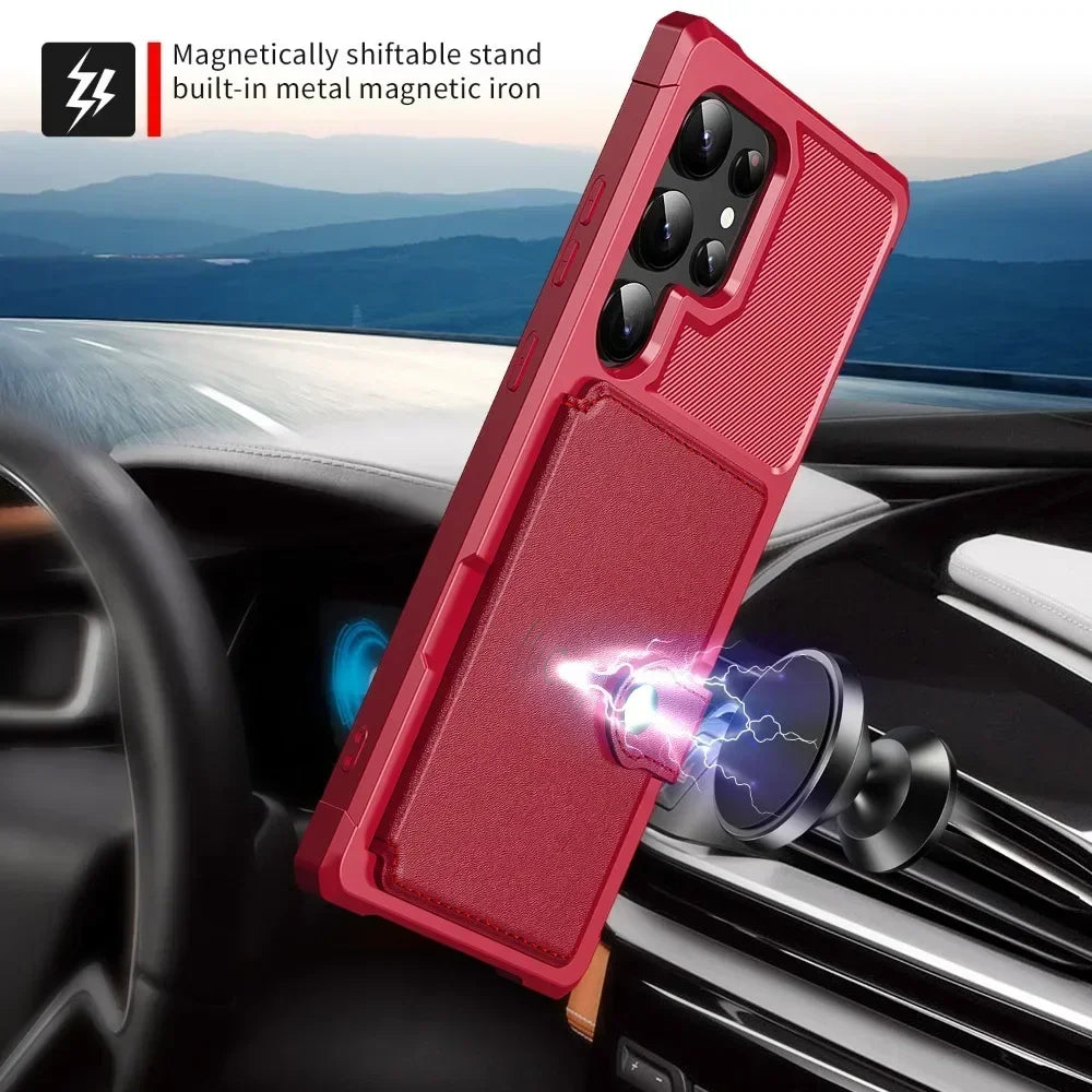 Red phone case with magnetic stand feature on a car dashboard