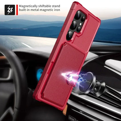 Red phone case with magnetic stand feature on a car dashboard