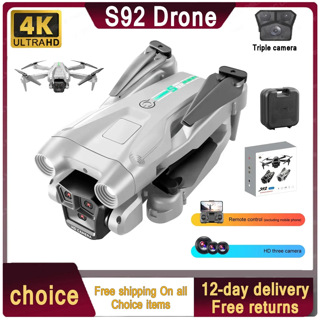 S92 HD 4K Drone - High Grip, Foldable, Mini RC, WiFi | Aerial Photography &amp; Toys
