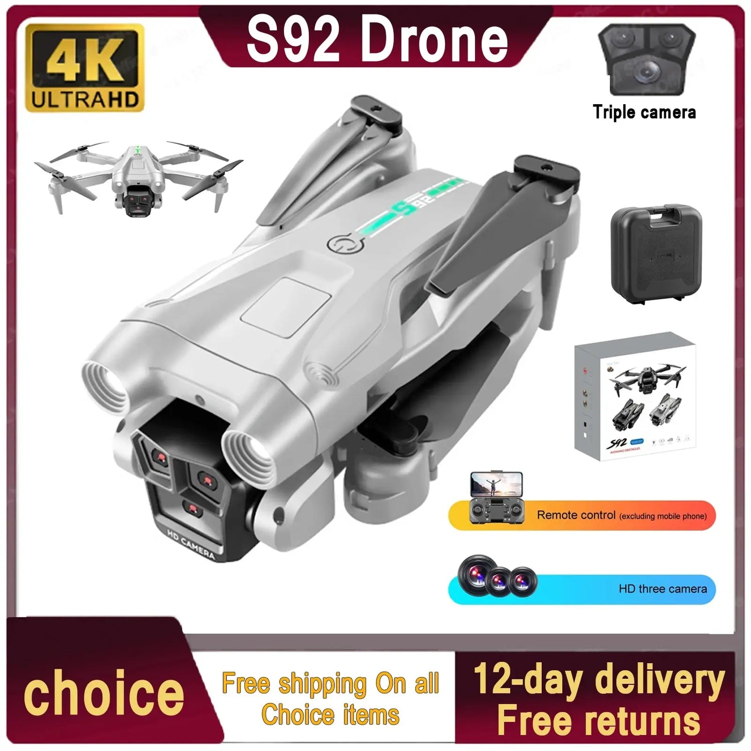 S92 HD 4K Drone - High Grip, Foldable, Mini RC, WiFi | Aerial Photography &amp; Toys