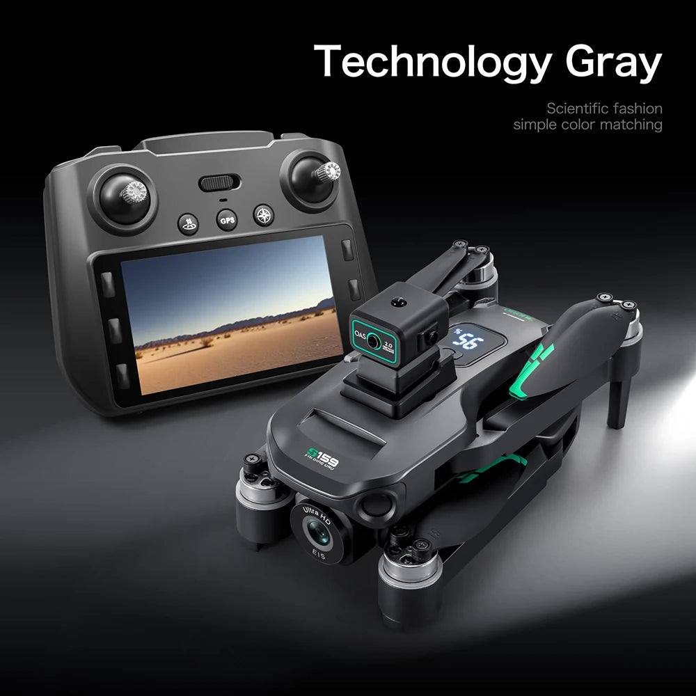 Drones with a screen and camera on a dark background, labeled 'Technology Gray'.