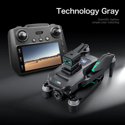Drones with a screen and camera on a dark background, labeled 'Technology Gray'.
