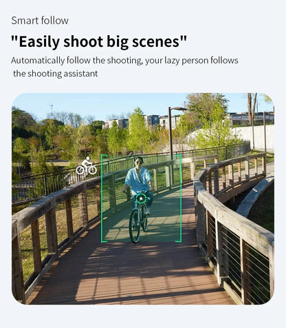 Person riding a bike on a bridge with text about smart follow feature.