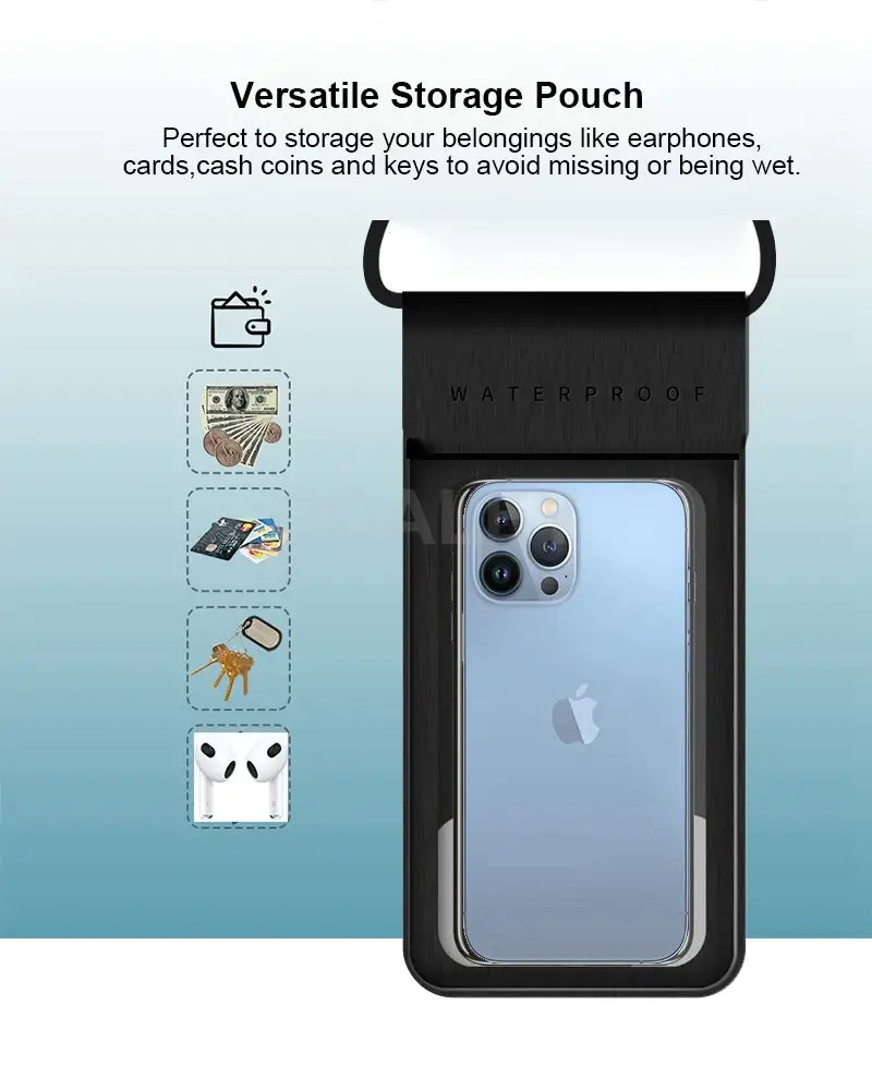 Black waterproof storage pouch with phone case on a light blue background
