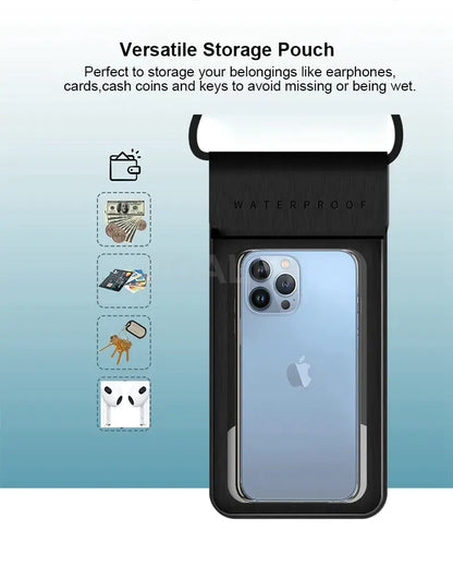 Black waterproof storage pouch with phone case on a light blue background
