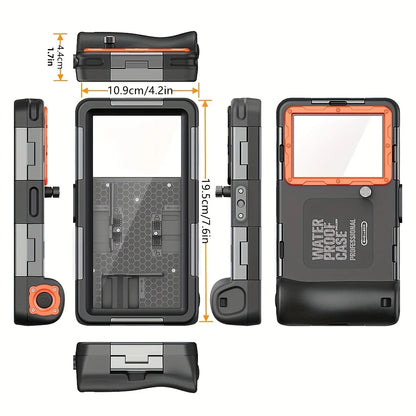 Black and orange waterproof case with dimensions and features on a white background