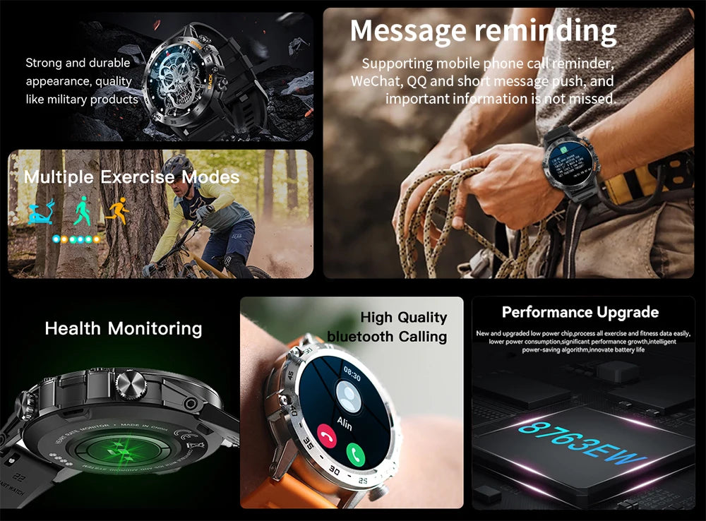 Collage of a smartwatch with various features highlighted on a dark background.