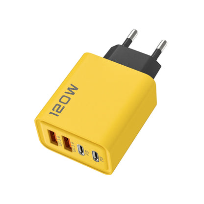 Yellow power adapter with multiple ports on a white background