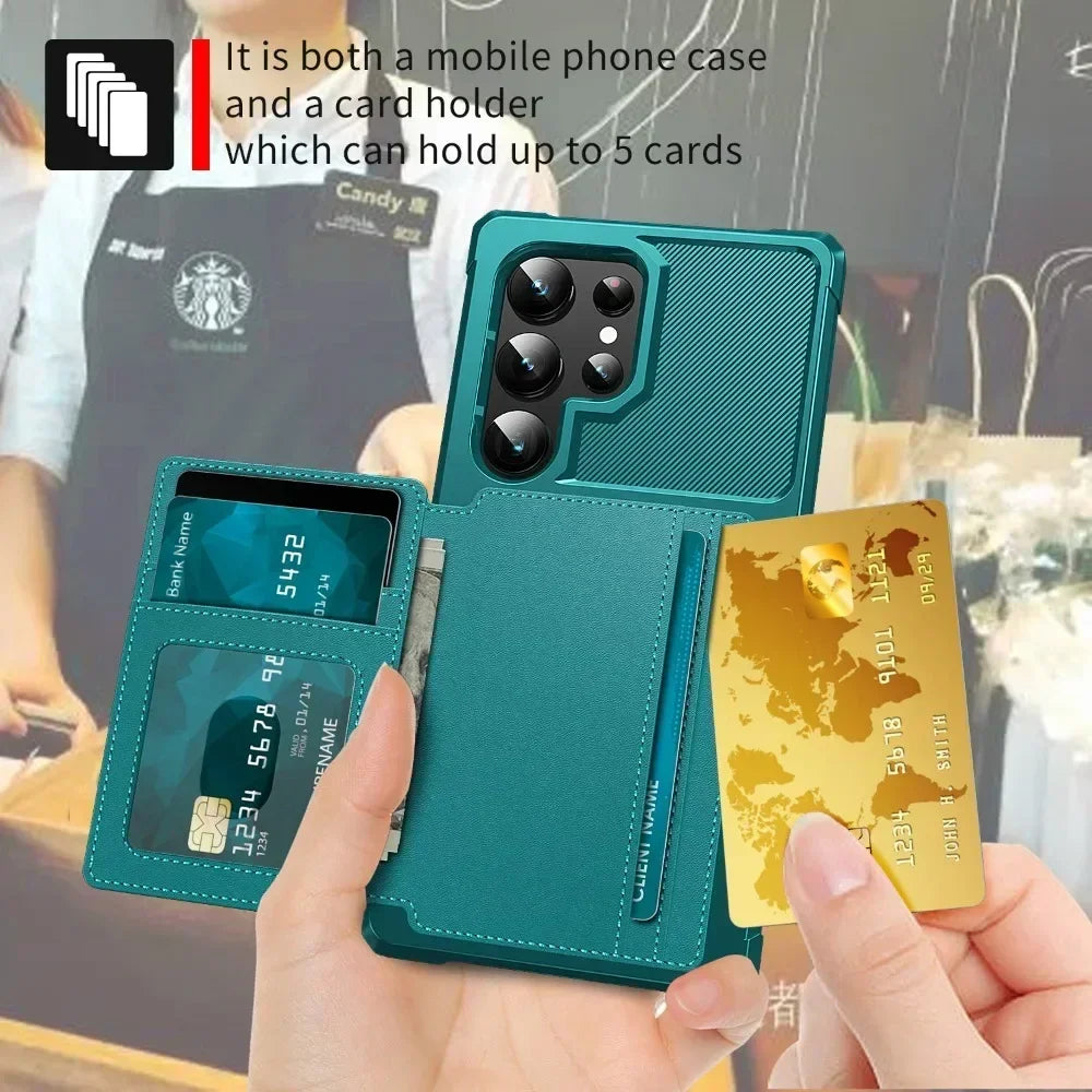 Teal phone case with card holder feature, held by a person, with Starbucks apron in background