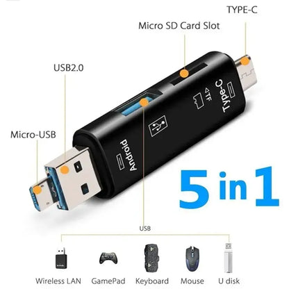 5-in-1 USB adapter with labeled ports on a white background
