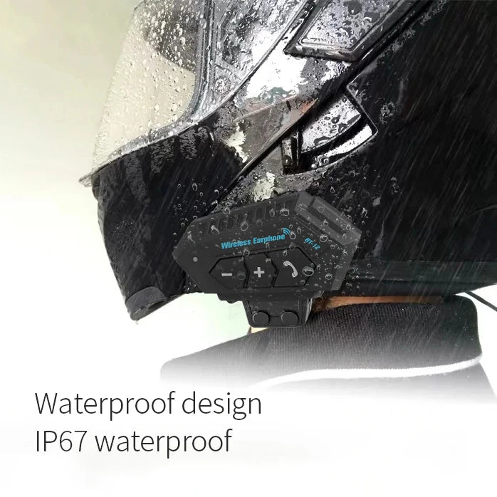 Motorcycle helmet with built-in Bluetooth headset, showing waterproof design, on a white background.