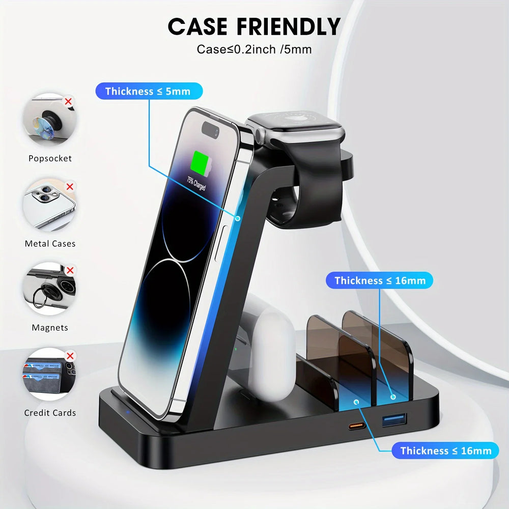 Multi-device charging stand with smartphone, smartwatch, and wireless earbuds on a white background.