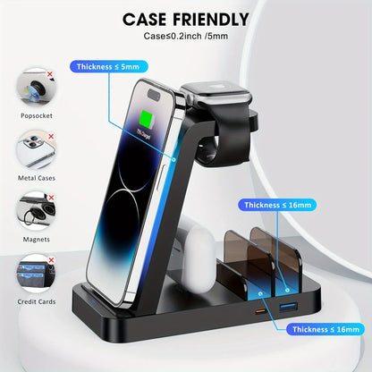 Multi-device charging stand with smartphone, smartwatch, and wireless earbuds on a white background.