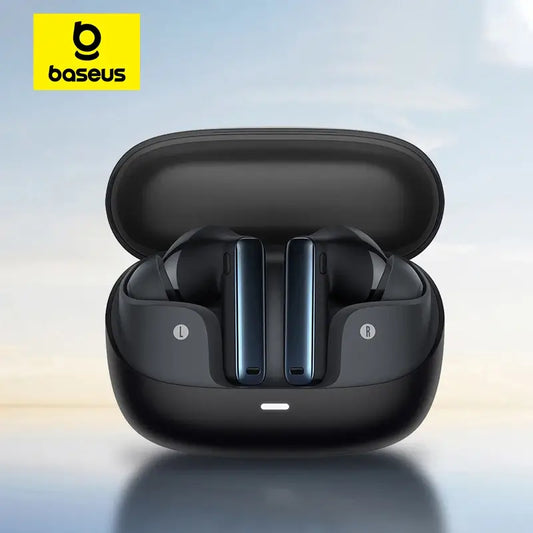 Black wireless earbuds in a charging case with Baseus logo on a gradient background
