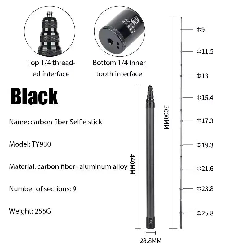 Carbon fiber selfie stick with specifications on a white background