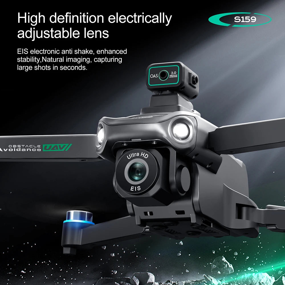 High definition electrically adjustable lens on a drone with text about features.