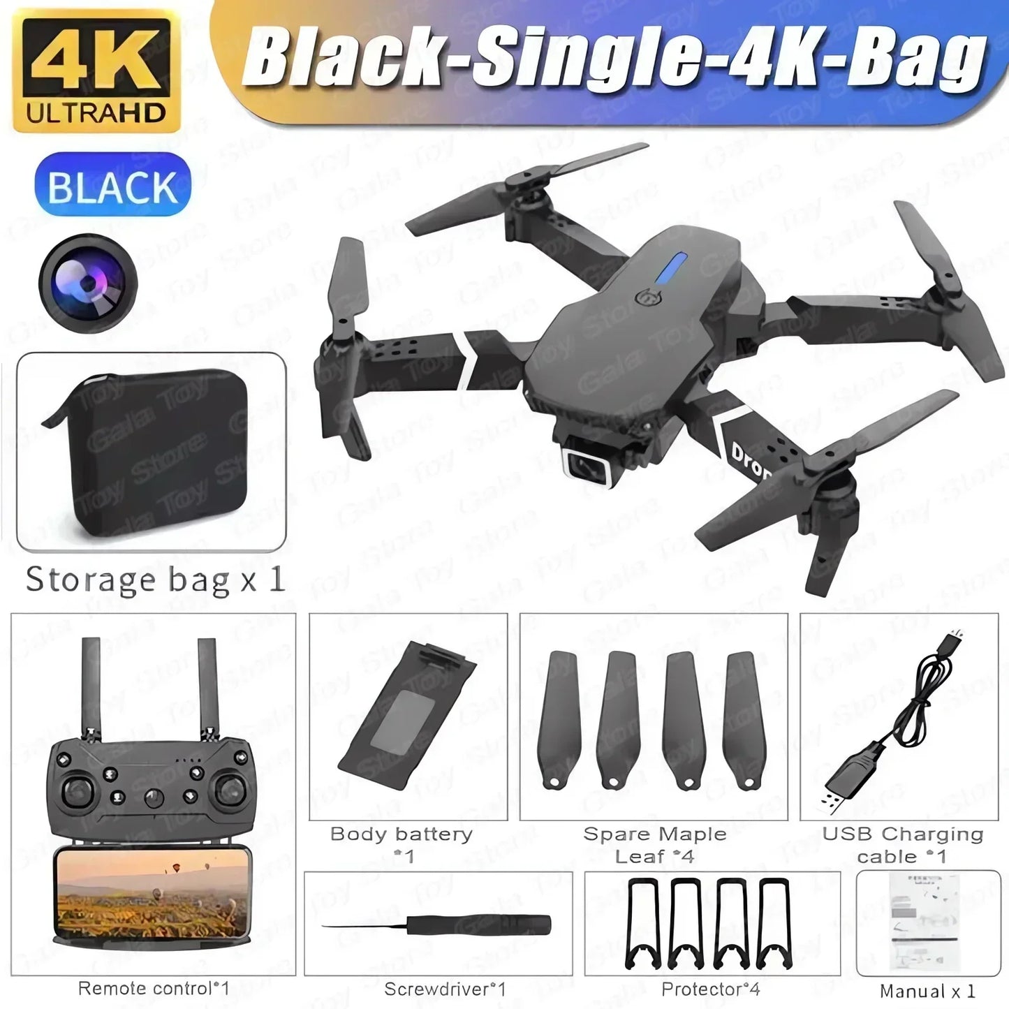 Black drone with accessories and packaging on a white background
