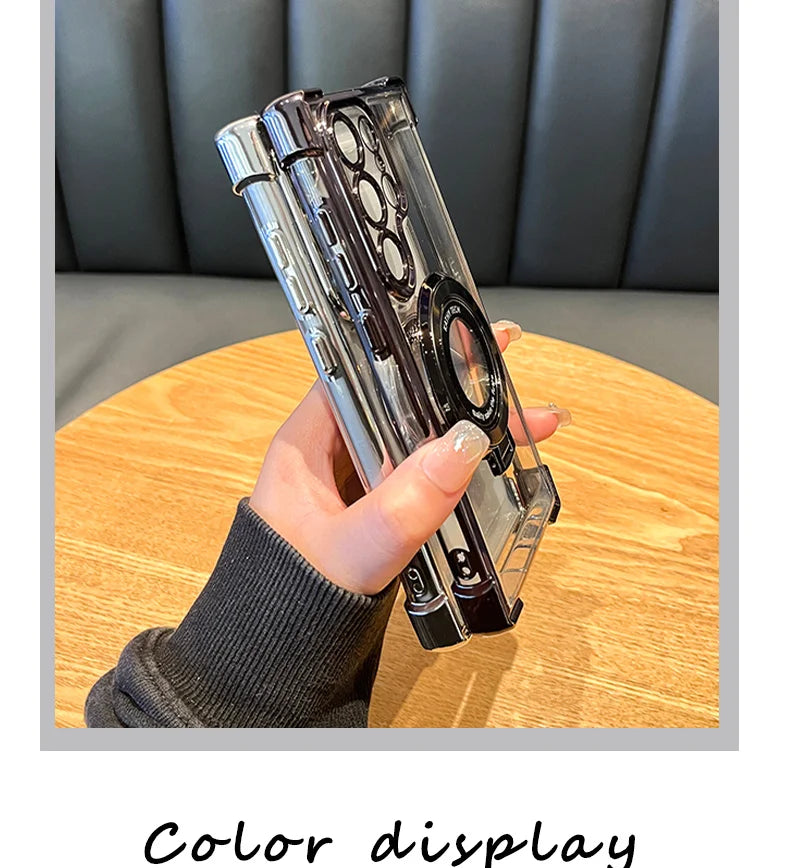 Clear phone case with branding held by a hand on a wooden table