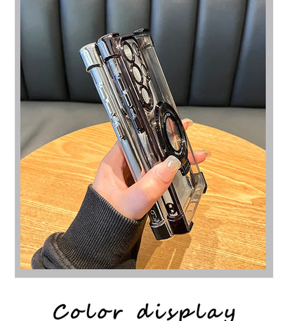 Clear phone case with branding held by a hand on a wooden table