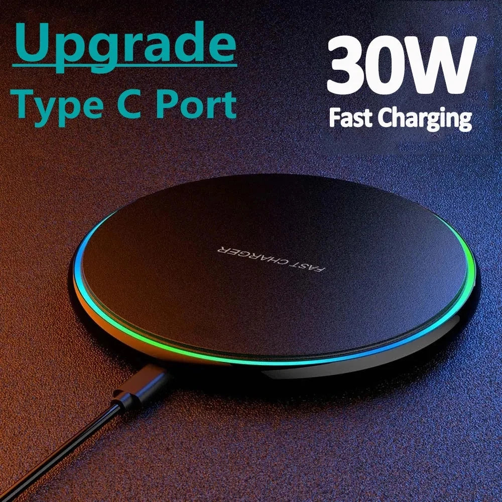 30W fast wireless charging pad with upgrade Type-C port and glowing LED ring design.